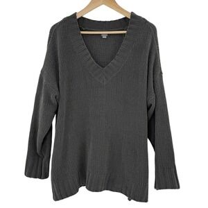 Aerie V-Neck Dark Gray Chenille Oversized Pullover‎ Sweater Staple Sz Sm FLAW